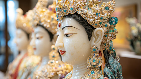 The image showcases numerous statues of women adorned with intricate headdresses, highlighting artistry and cultural significance in their design.の素材