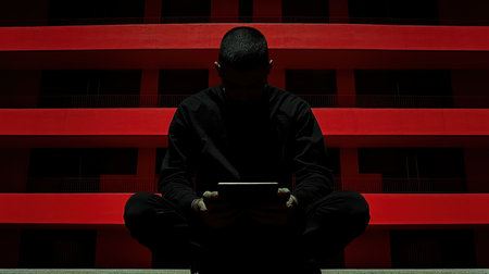 A focused man sits on a bench using a laptop, with a striking red building as the backdrop, blending technology and urban life.の素材