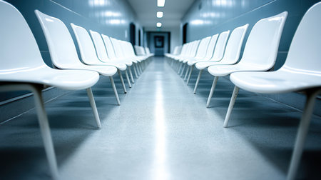 A long hallway features numerous white chairs arranged in a neat line, creating a clean and organized atmosphere for visitors.の素材