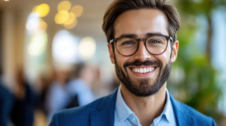 A cheerful man wearing glasses and a beard, dressed in a blue suit and matching shirt, exudes confidence and professionalism.の素材
