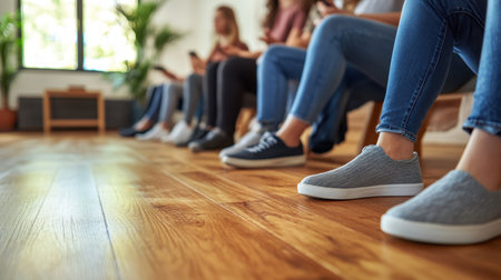 A diverse group of individuals sits on a wooden bench inside a spacious room with polished wood floors, engaging in conversation and relaxation.の素材