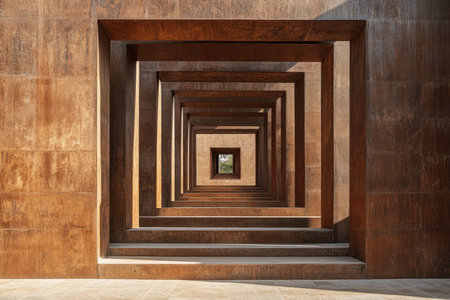 A detailed view of a hallway featuring numerous steps, highlighting architectural design and structural elements.の素材