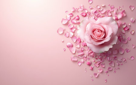 A delicate pink rose is elegantly positioned amidst soft petals on a harmonious pink background, creating a serene and romantic atmosphere.の素材