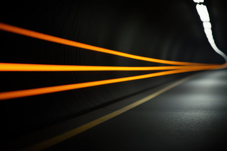 Aerial view of a tunnel featuring a prominent yellow line guiding the way through the dark, enclosed space, highlighting the structure's depth and perspective.の素材