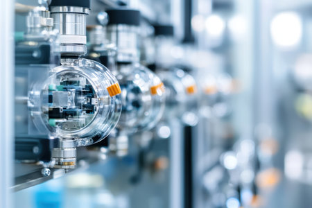 A detailed close-up view of interconnected pipes featuring multiple valves showcasing industrial design and functionality.の素材