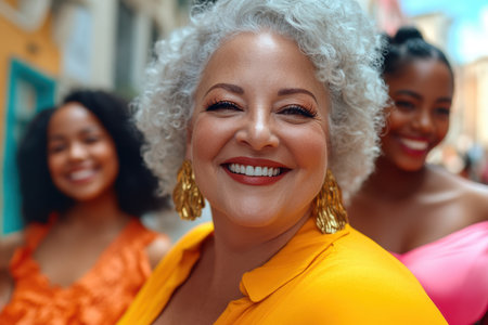 Three women stand in a row, all smiling brightly at the camera, showcasing joy and camaraderie in a cheerful moment together.の素材