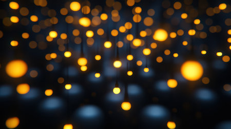 A close-up view of vibrant yellow lights illuminating a dark space, creating a warm and inviting ambiance amidst the shadows.の素材