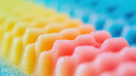 A vibrant display of sugar cubes in various colors meticulously lined up on a smooth blue surface, creating an eye-catching visual contrast.の素材