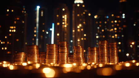 A captivating image showcasing a row of coins illuminated by city lights, creating a striking contrast and a sense of urban elegance.の素材