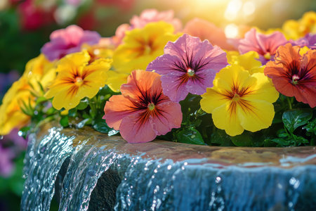 A vibrant arrangement of flowers in a pot sits elegantly on a textured stone table, showcasing nature's beauty and artistry in a serene setting.の素材