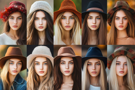 A vibrant portrait of a woman showcasing a variety of unique hats, each reflecting distinct styles and colors, emphasizing fashion diversity and creativity.の素材