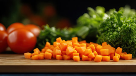 Fresh carrots, broccoli, and ripe tomatoes are artfully arranged on a wooden cutting board, showcasing vibrant colors and healthy ingredients.の素材