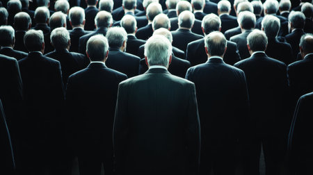 A large group of men dressed in formal suits gathered together, showcasing a professional and sophisticated atmosphere.の素材