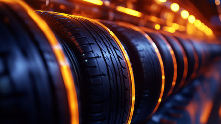 A detailed view of tires neatly arranged on a storage rack, showcasing their textures and patterns for inspection and selection.の素材