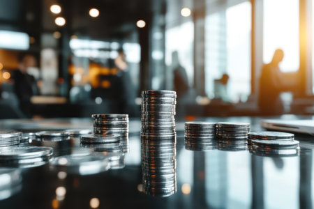 Several stacks of coins are neatly arranged on a table, showcasing varying heights and sizes, highlighting their metallic sheen and value.の素材