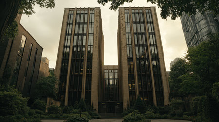 Two adjacent tall buildings stand side by side, showcasing modern architecture and urban design against a clear sky backdrop.の素材