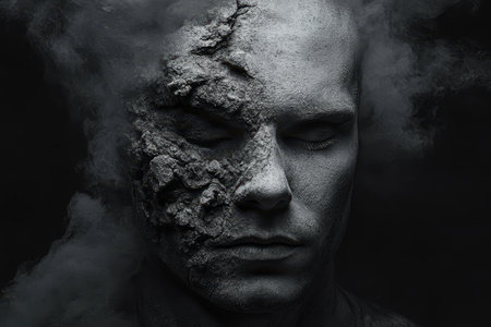 A mysterious figure shrouded in smoke, with a partially obscured face, set against a dark background, evokes intrigue and a sense of enigma.の素材