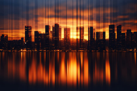 Aerial view of a vibrant city skyline illuminated by a breathtaking sunset, showcasing the interplay of natural and urban beauty.の素材