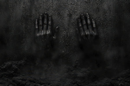 Hands buried in sand create a striking contrast against a dark background, symbolizing connection to nature and the earth's elements.の素材
