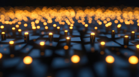 A serene scene of lit candles illuminating a dark room filled with vibrant lights, creating a warm and inviting atmosphere.の素材