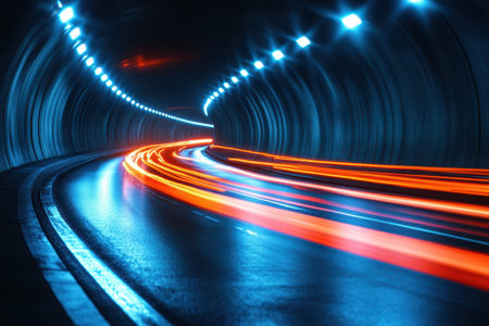A dynamic image capturing a vehicle traversing through a dark tunnel, highlighting the interplay of light and shadow in an underground environment.の素材
