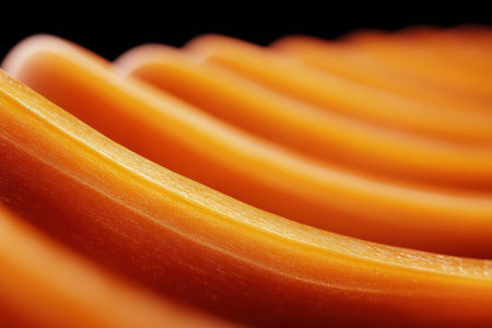 A vibrant stack of orange bananas sliced and arranged artistically, showing their bright color and appealing texture.の素材