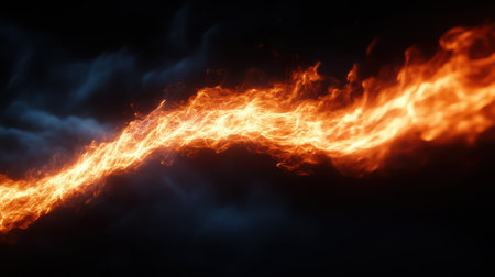 A captivating close-up of a vibrant fire against a stark black background, highlighting the intricate flames and glowing embers.の素材