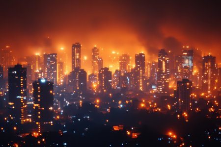 Aerial view of a vibrant city at night, showing a multitude of dazzling lights illuminating the urban landscape.の素材