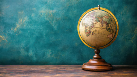 A globe rests on a wooden stand, set against a vibrant green wall, showing geographic details and providing a decorative element to the space.の素材
