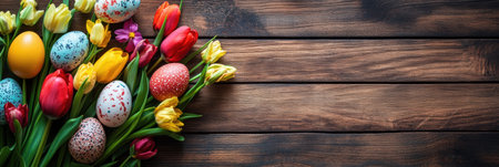 Colorful eggs and tulips adorn a rustic wooden table for Easter celebrations ,.,の素材