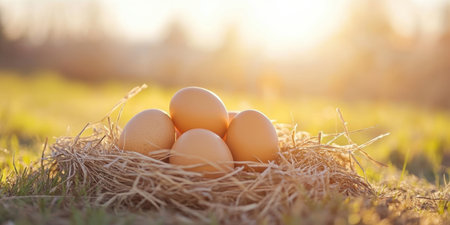 Colorful Easter eggs nestled in a grass-filled nest, symbolizing spring and renewal ,.,の素材