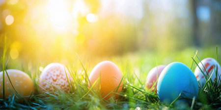 Colorful Easter eggs resting in sunlit grass create a festive spring atmosphere ,.,の素材