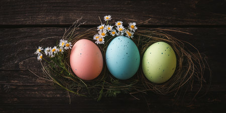 Three colorful eggs nestled in a daisy-filled nest on a rustic wooden surface ,.,の素材