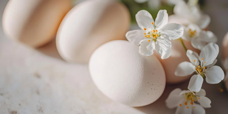 Colorful eggs and fresh flowers adorn a table, celebrating the festive spirit of Easter ,.,の素材