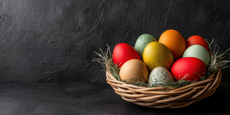 A vibrant collection of colored eggs fills a basket on a table, symbolizing Easter festivities ,.,の素材