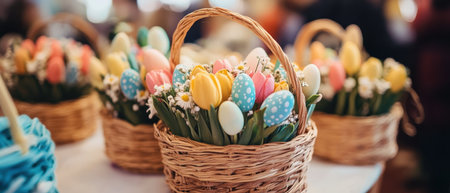 Colorful flower baskets decorate a table for a festive Easter celebration ,.,の素材