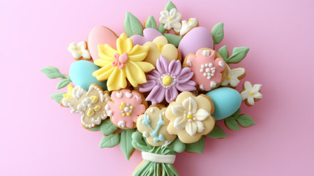 A vibrant bouquet of cookies shaped like flowers and eggs against a cheerful pink background ,.,の素材