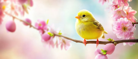 A cheerful yellow bird sits on a tree branch, symbolizing spring and renewal during Easter celebrations ,.,の素材