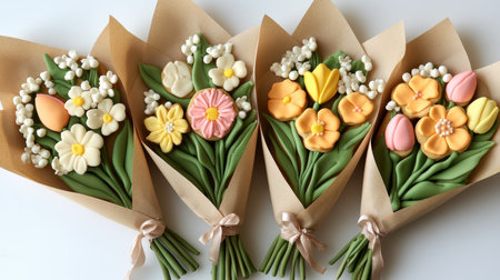 Colorful flower bouquets adorned with icing, perfect for celebrating Easter festivities ,.,の素材