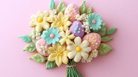 A colorful fondant flower bouquet decorates a pink surface, perfect for Easter celebrations ,.,の素材