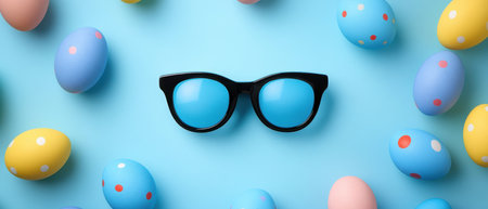 Giraffes with sunglasses next to vibrant Easter eggs create a festive and playful scene ,.,の素材