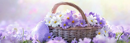 A basket holds purple and white flowers alongside a decorative purple egg for Easter celebrations ,.,の素材