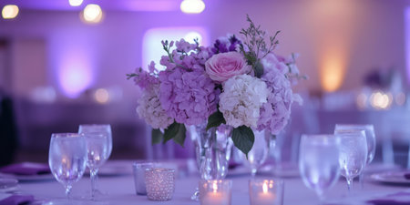 Elegant purple and white flowers in a vase adorned with candles, perfect for Easter celebrations ,.,の素材