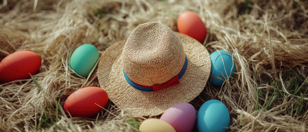 A colorful Easter hat surrounded by vibrant eggs resting on soft hay ,.,の素材