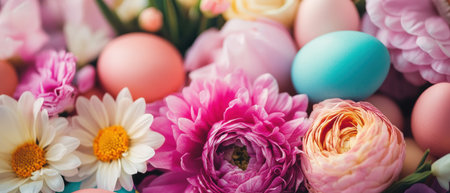 Colorful eggs and vibrant flowers create a festive Easter display in a vase ,.,の素材