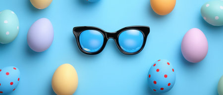 Sunglasses resting among colorful Easter eggs in a vibrant spring scene ,.,の素材