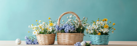Three colorful baskets filled with flowers sit on a table, celebrating the spirit of Easter ,.,の素材