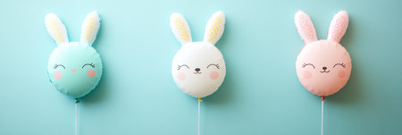 Three cheerful balloons with faces are arranged in a row against a bright blue wall ,.,の素材