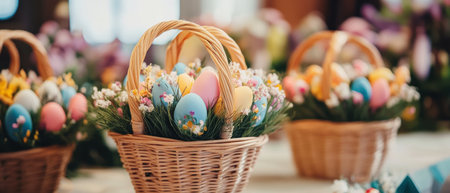 Colorful baskets filled with painted eggs and flowers adorn a festive table for Easter celebrations ,.,の素材