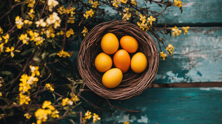 Four colorful eggs rest in a basket surrounded by bright yellow flowers on a table ,.,の素材